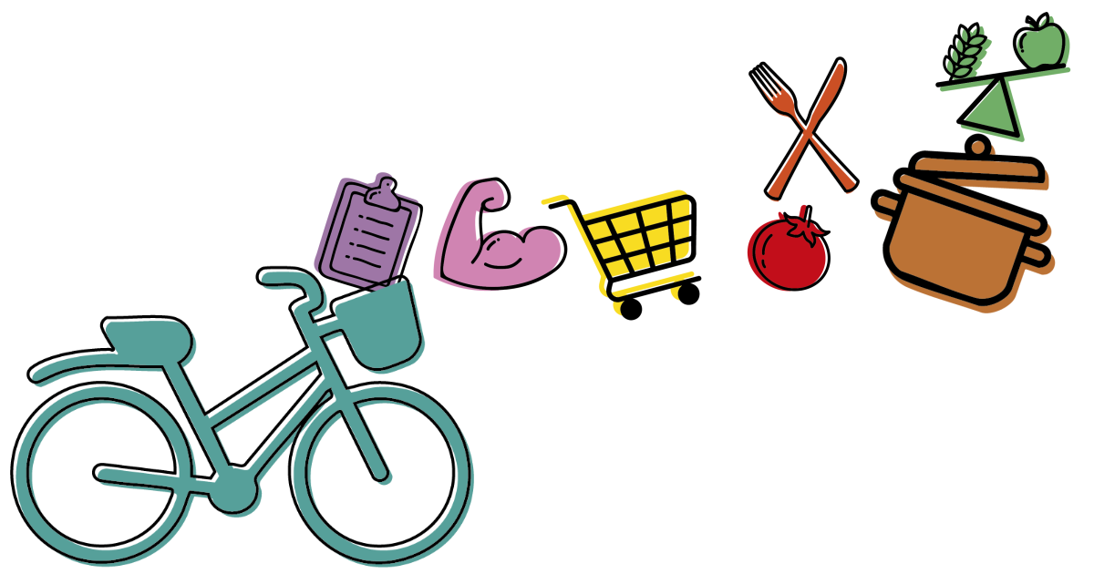 Dessin d'une bicyclette avec un panier d'où sortent des icônes représentant une liste de courses, des biceps, un caddie, une tomate, des couverts, une marmite et une balance.