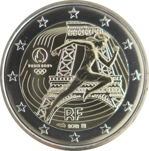 Pièce commémorative en honneur des Jeux Olympiques de Paris émise en 2021 représentant Marianne courant devant la tour Eiffel.