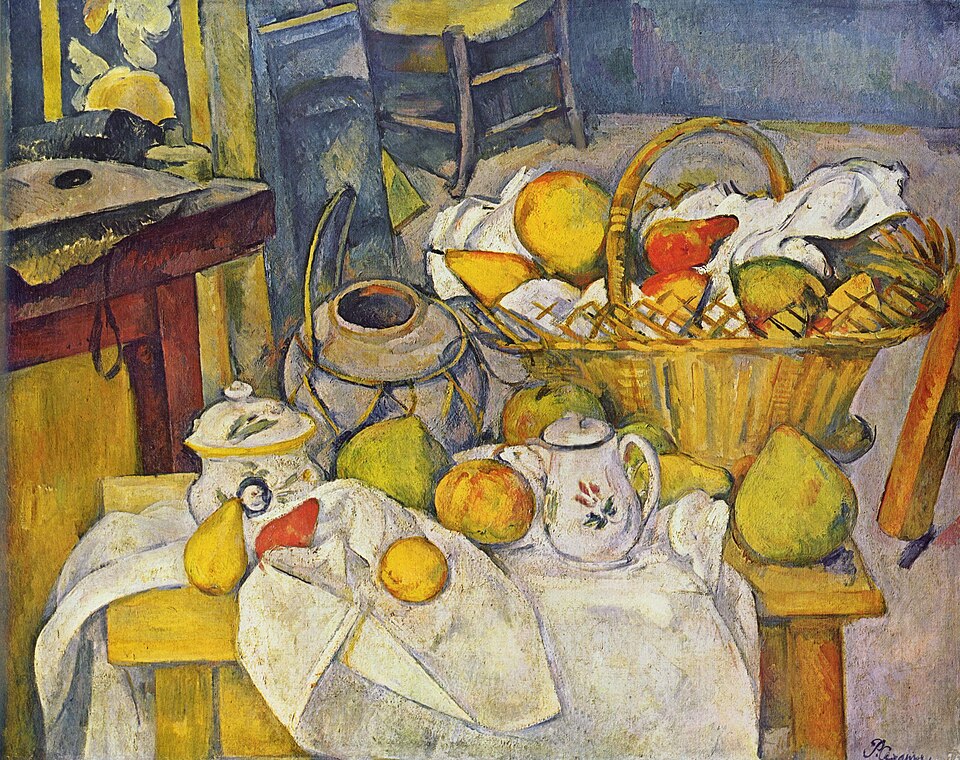 A l'arrière-plan figurent une table, un carton à dessins, une frise décorative, et peut-être, replié, un paravent que Cézanne a décoré dans sa jeunesse. Comme en suspens, pommes et poires sont disposées à même la nappe ou dans un panier en osier, dont l'anse et les croisillons tressés font écho à ceux du pot de gingembre.