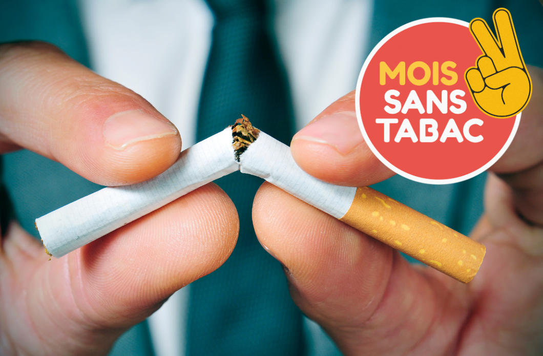 photo d'une personne brisant une cigarette, logo du mois sans tabac
